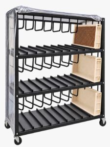 Trolley for cigarette and filter rod trays with transparent protective cover, three trays on the shelves