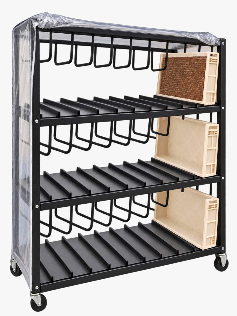 Trolley for cigarette and filter rod trays with transparent protective cover, three trays on the shelves